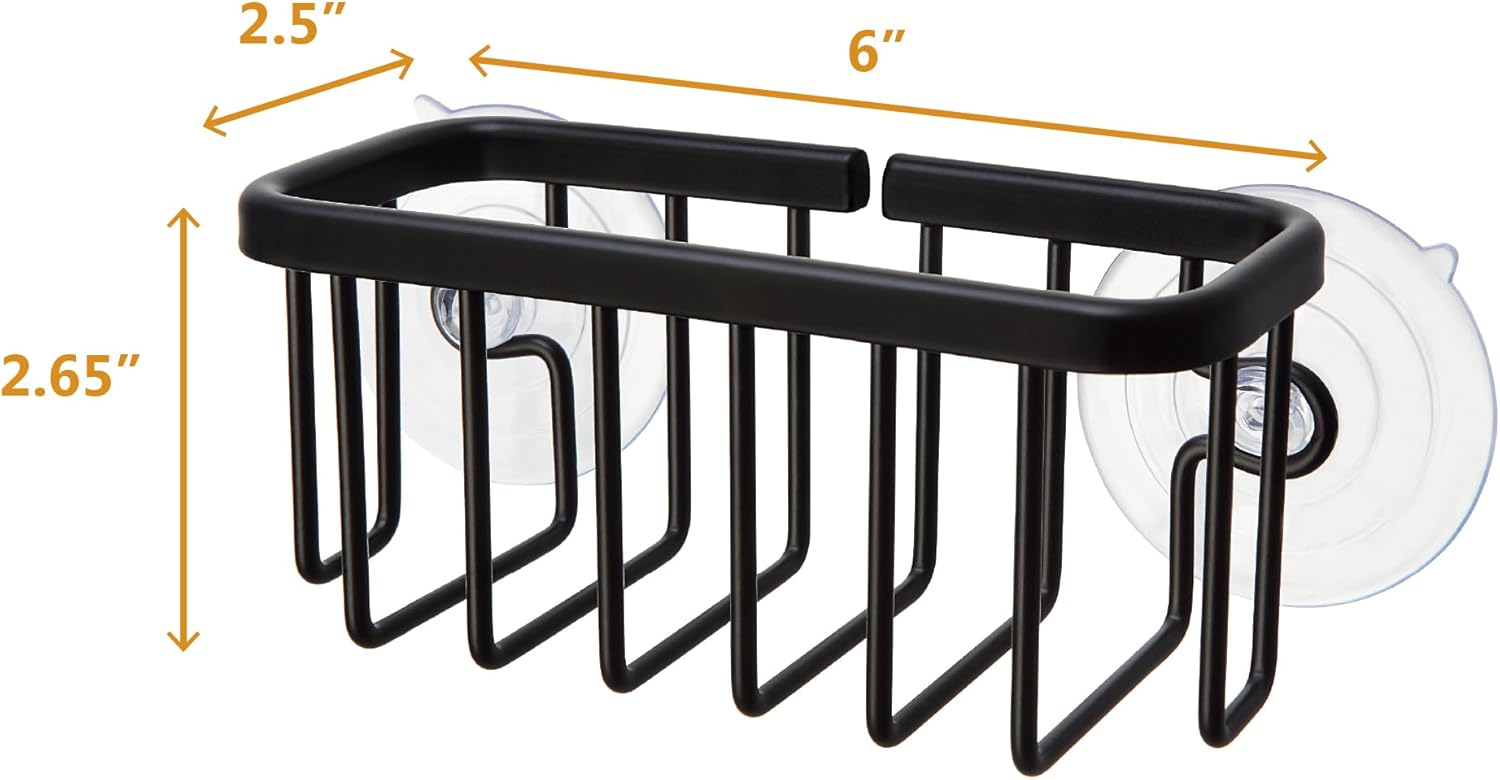SunnyPoint NeverRust Kitchen & Bathroom Sink Caddy for Sponges, Scrubbers, Soap, 6" x 2.5" x 2.65", with Adhesive Mount - Additional Suction Cup Included –Aluminum (Black)