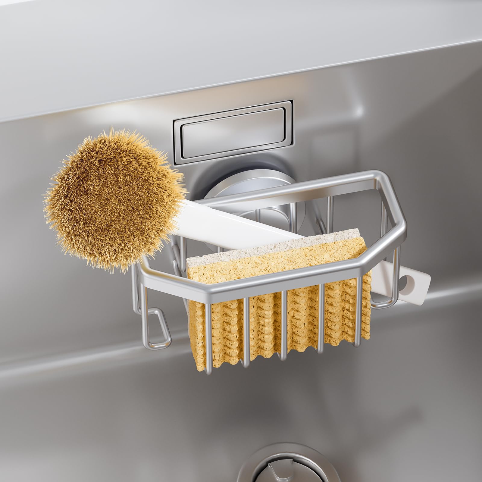 TAILI Dish Sponge Holder for Kitchen Sink with Strong Sucion Cup, Removable, Rustproof Aluminum Sink Caddy for Sponge, Brush and Scraper -Black