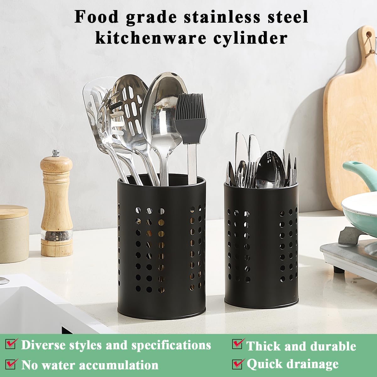 Berglander 2-Piece Black Stainless Steel Kitchen Utensil Holder Set, Farmhouse Style Countertop Organizer