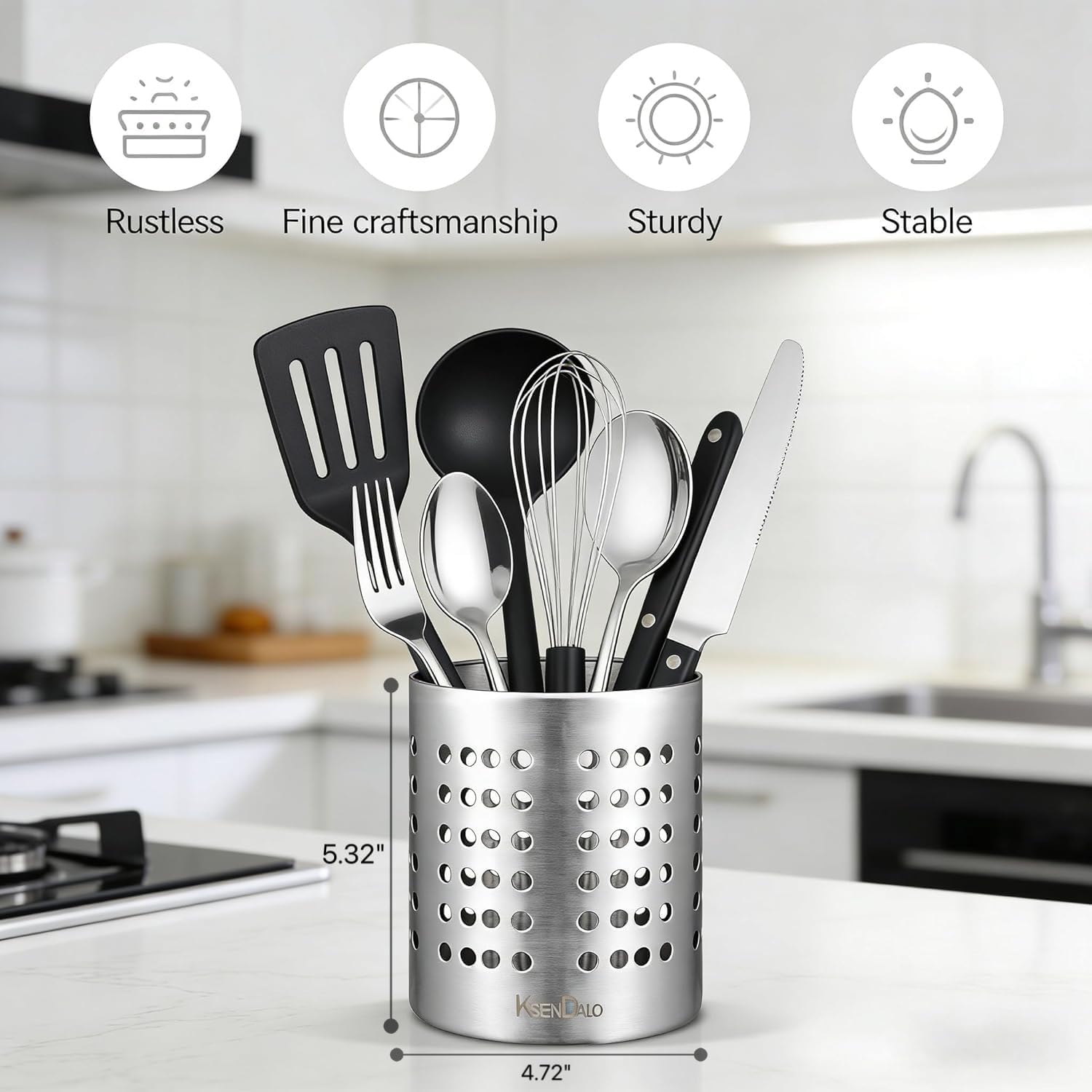 Kitchen Utensil Holder, KSENDALO Stainless Silverware Holder, Kitchen Utensil Drying Cylinder,Utility for Kitchen/Home/Office, Diameter 4.72"(L)