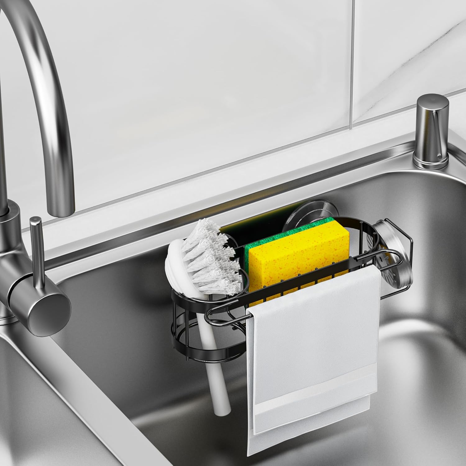 Cisily Kitchen Sink Caddy Sponge Holder in The Sink, Stainless Steel Kitchen Sink Organizer, Brush Holder, Dish Cloth Hanger, Sink Stopper Holder with 2 Installation Ways (Black)