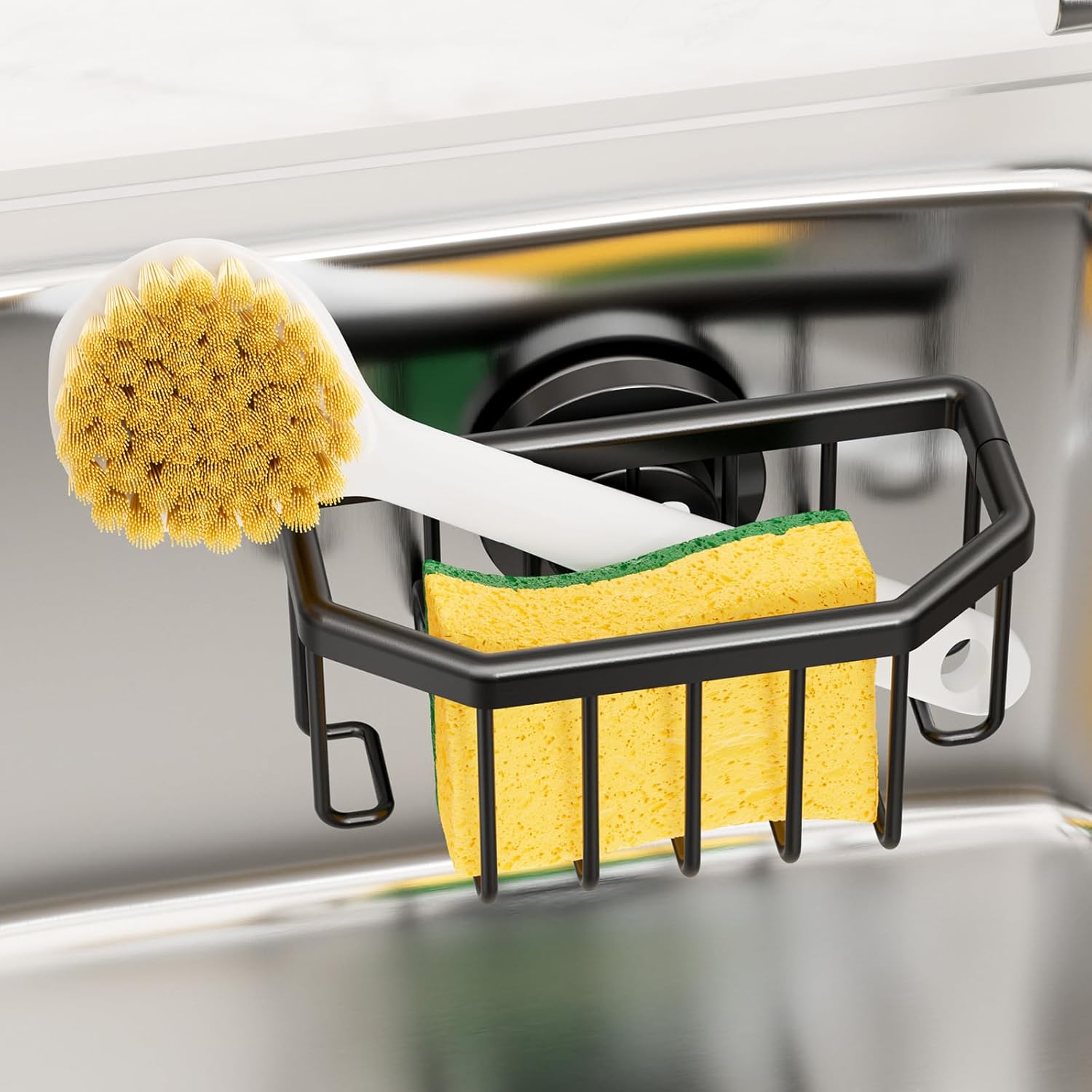 TAILI Dish Sponge Holder for Kitchen Sink with Strong Sucion Cup, Removable, Rustproof Aluminum Sink Caddy for Sponge, Brush and Scraper -Black