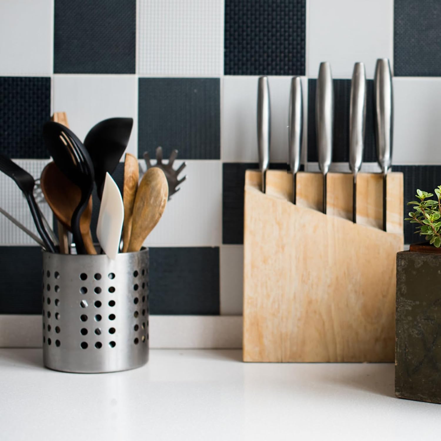 TOPZEA Set of 4 Kitchen Utensil Holder, Stainless Steel Cooking Utensil Organizer Kitchen Tools Flatware Holder Utensil Drying Cylinder Countertop Silverware Caddy
