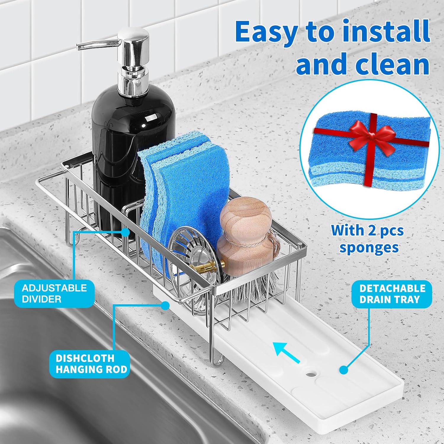 Cartilage Kitchen Sink Organizer, Sink Caddy Sponge Holder,Sink Sponge Holder for Kitchen Dish Rack,Rustproof 304 Stainless Steel with Auto Draining Tray and Organizer Divider,2 pcs Scrub Sponge