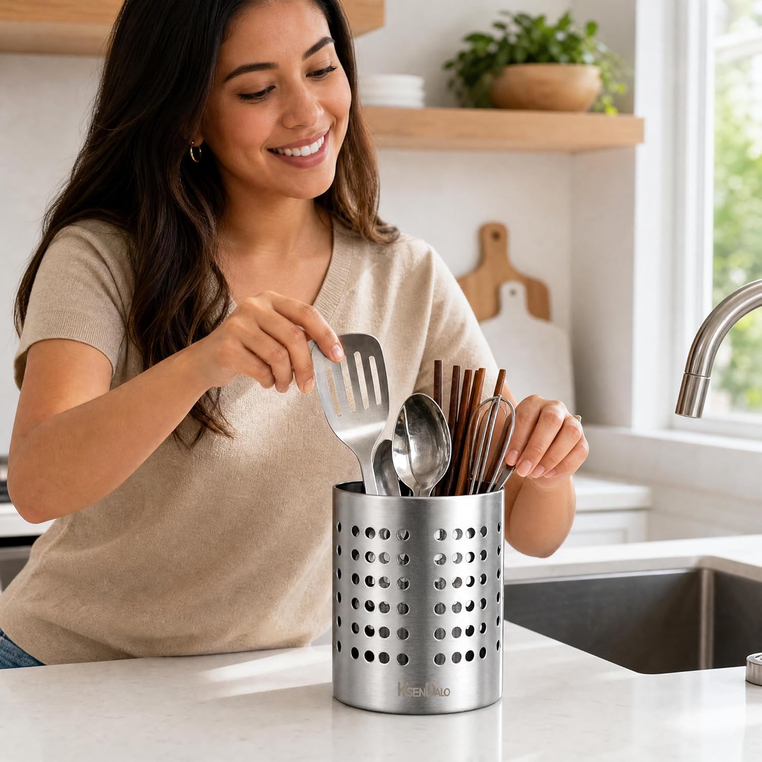 Kitchen Utensil Holder, KSENDALO Stainless Silverware Holder, Kitchen Utensil Drying Cylinder,Utility for Kitchen/Home/Office, Diameter 4.72"(L)