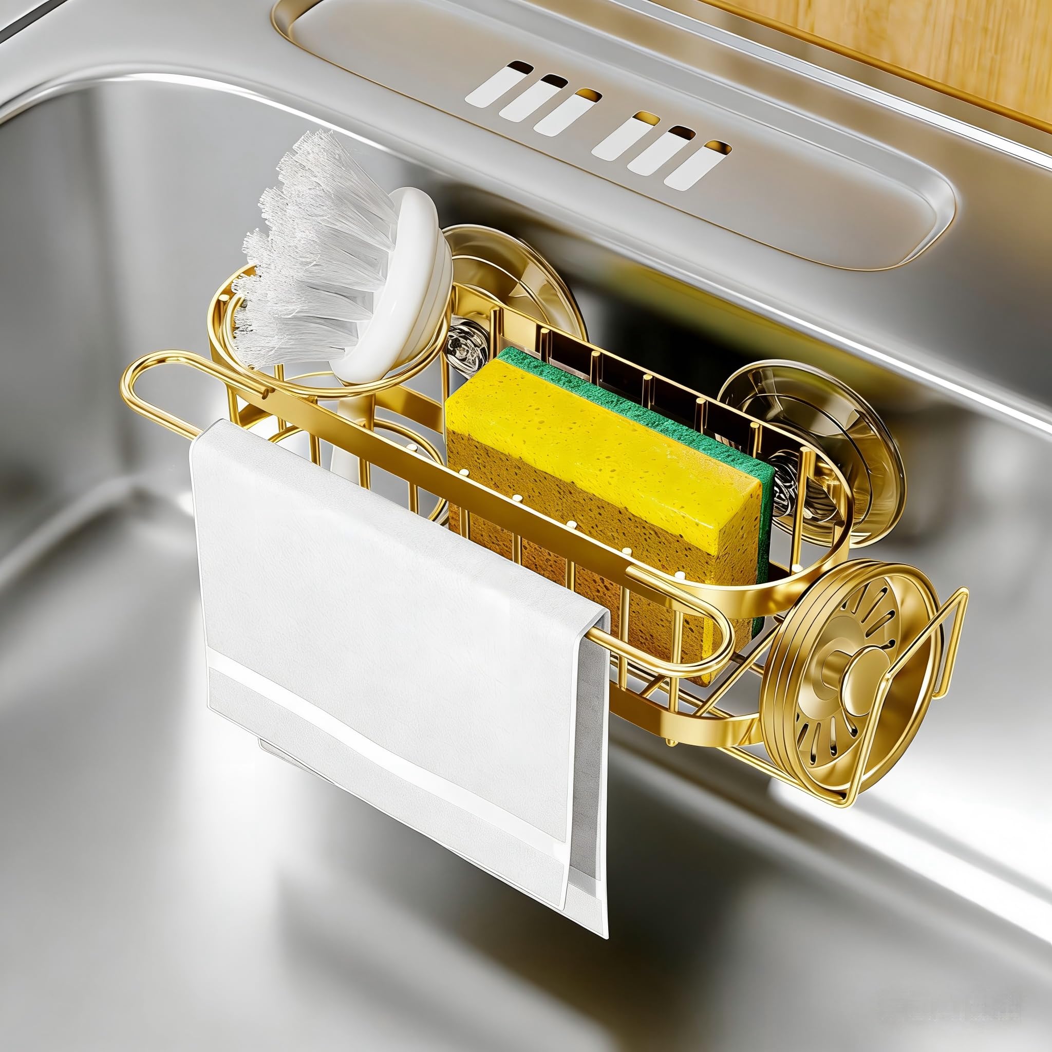 Cisily Kitchen Sink Caddy Sponge Holder in The Sink, Stainless Steel Kitchen Sink Organizer, Brush Holder, Dish Cloth Hanger, Sink Stopper Holder with 2 Installation Ways (Black)