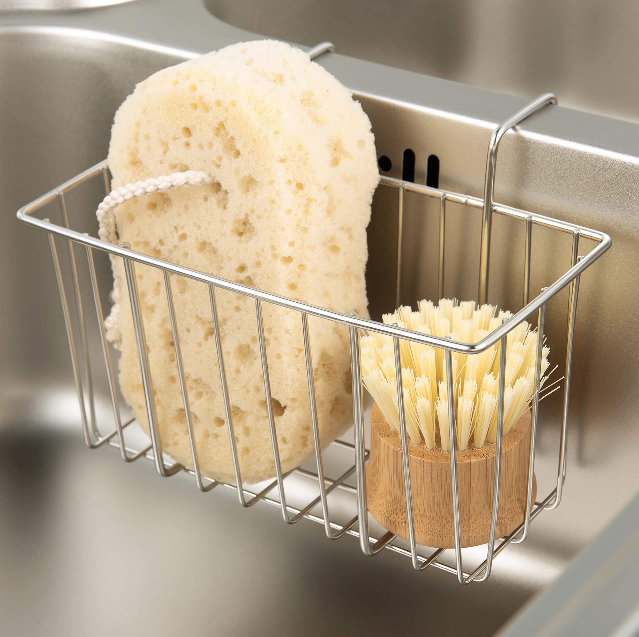 Damita Kitchen Sponge Holder Sink Basket Sink Caddy Brush Dishwashing Liquid Drainer Rack Silver Medium (6.7" x 4.5" x 4.5")