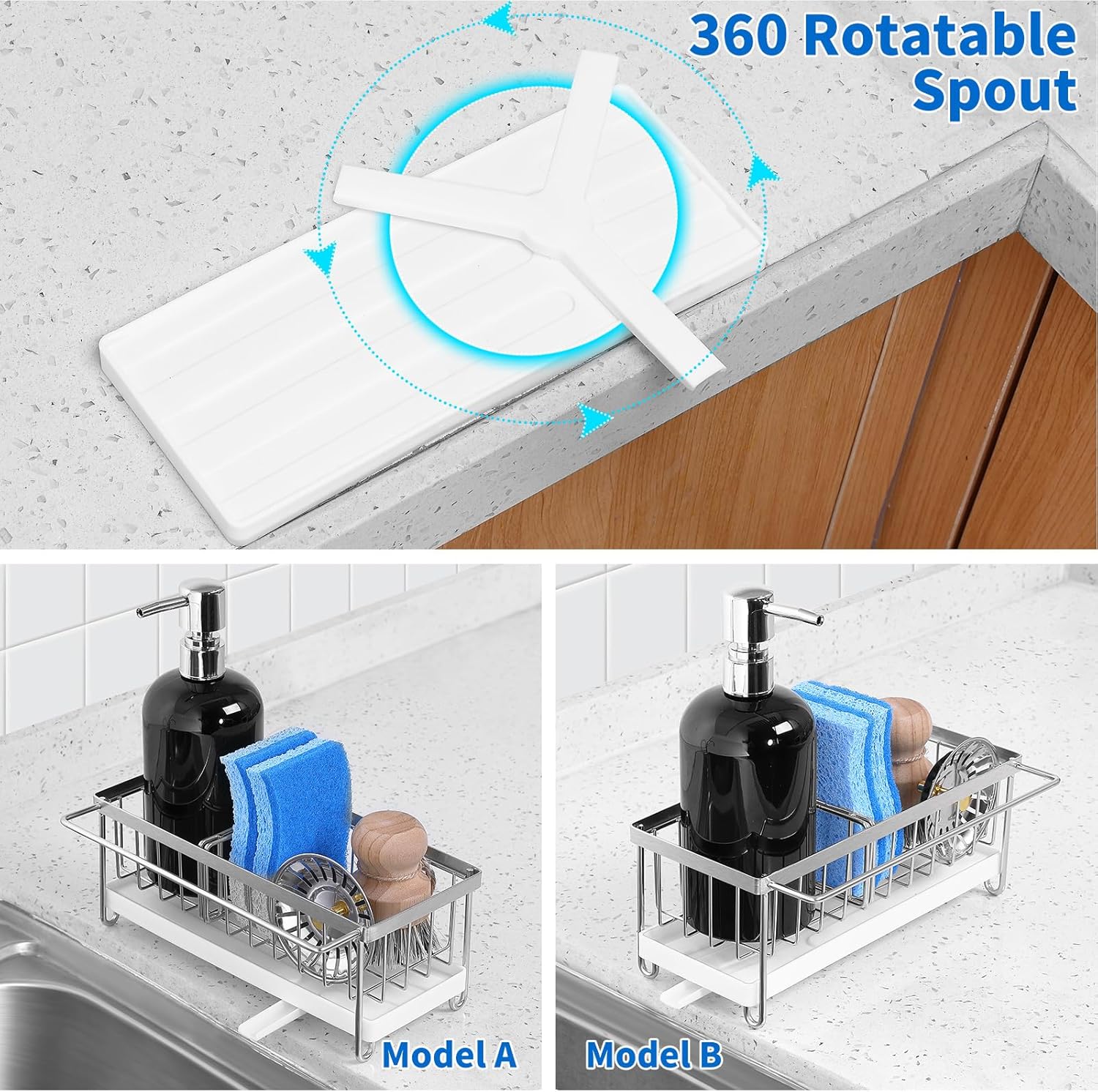 Cartilage Kitchen Sink Organizer, Sink Caddy Sponge Holder,Sink Sponge Holder for Kitchen Dish Rack,Rustproof 304 Stainless Steel with Auto Draining Tray and Organizer Divider,2 pcs Scrub Sponge