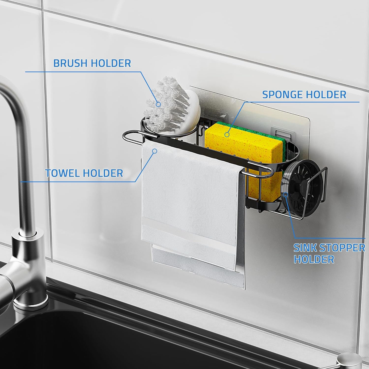Cisily Kitchen Sink Caddy Sponge Holder in The Sink, Stainless Steel Kitchen Sink Organizer, Brush Holder, Dish Cloth Hanger, Sink Stopper Holder with 2 Installation Ways (Black)