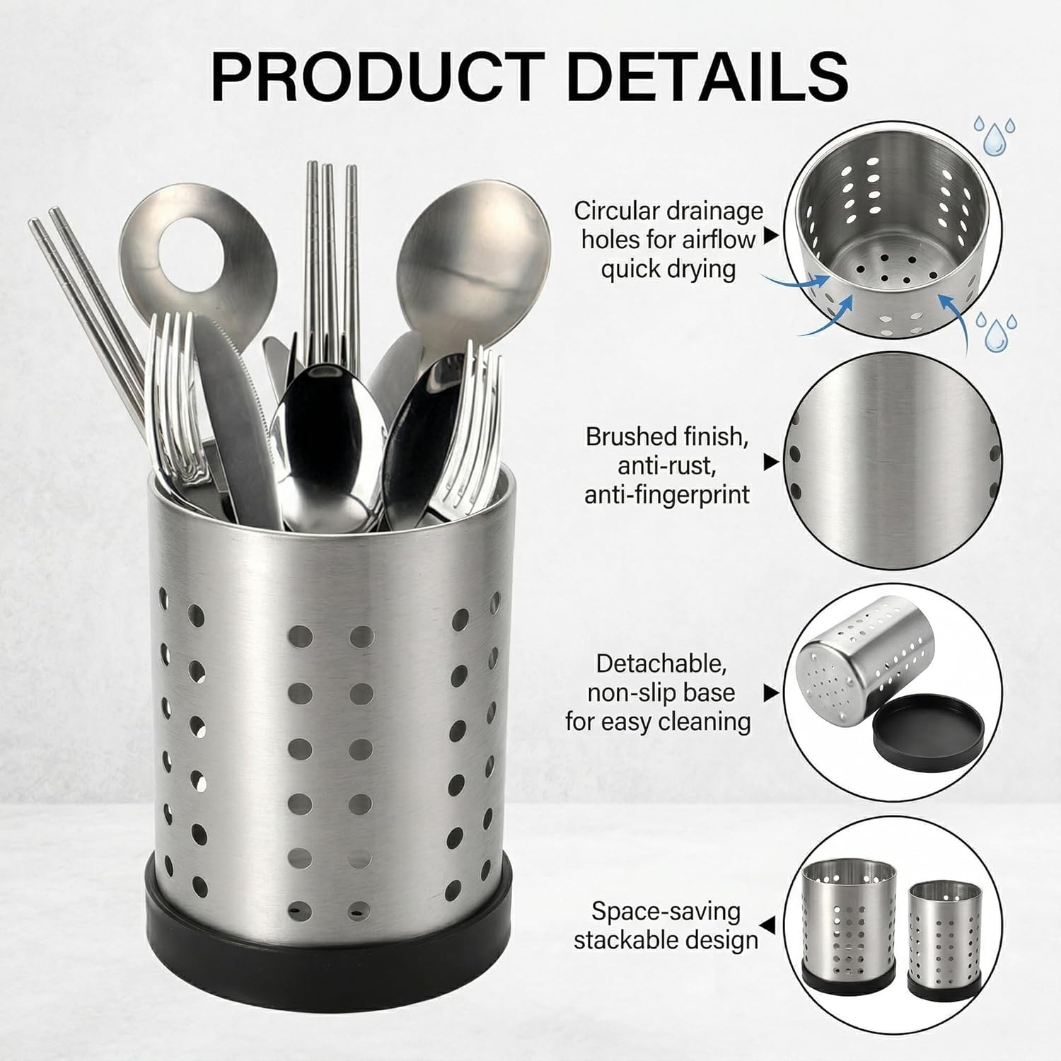 TOPZEA Set of 4 Kitchen Utensil Holder, Stainless Steel Cooking Utensil Organizer Kitchen Tools Flatware Holder Utensil Drying Cylinder Countertop Silverware Caddy