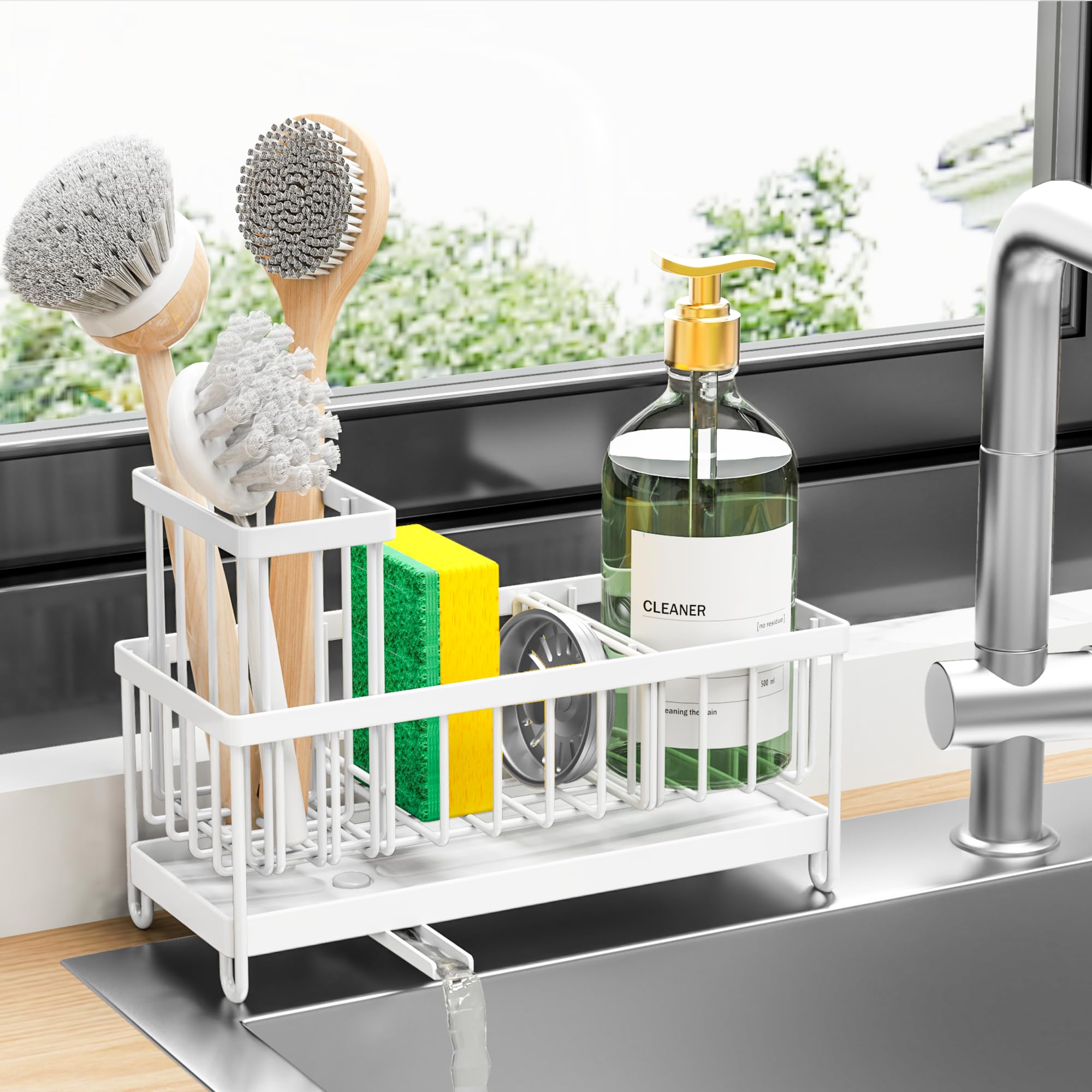 Cisily Sponge Holder for Kitchen Sink, Sink Caddy with High Brush Holder, Organzier Rustproof 304 Stainless Steel Dish Organizer Divider, Soap Dispenser Storage (Black)