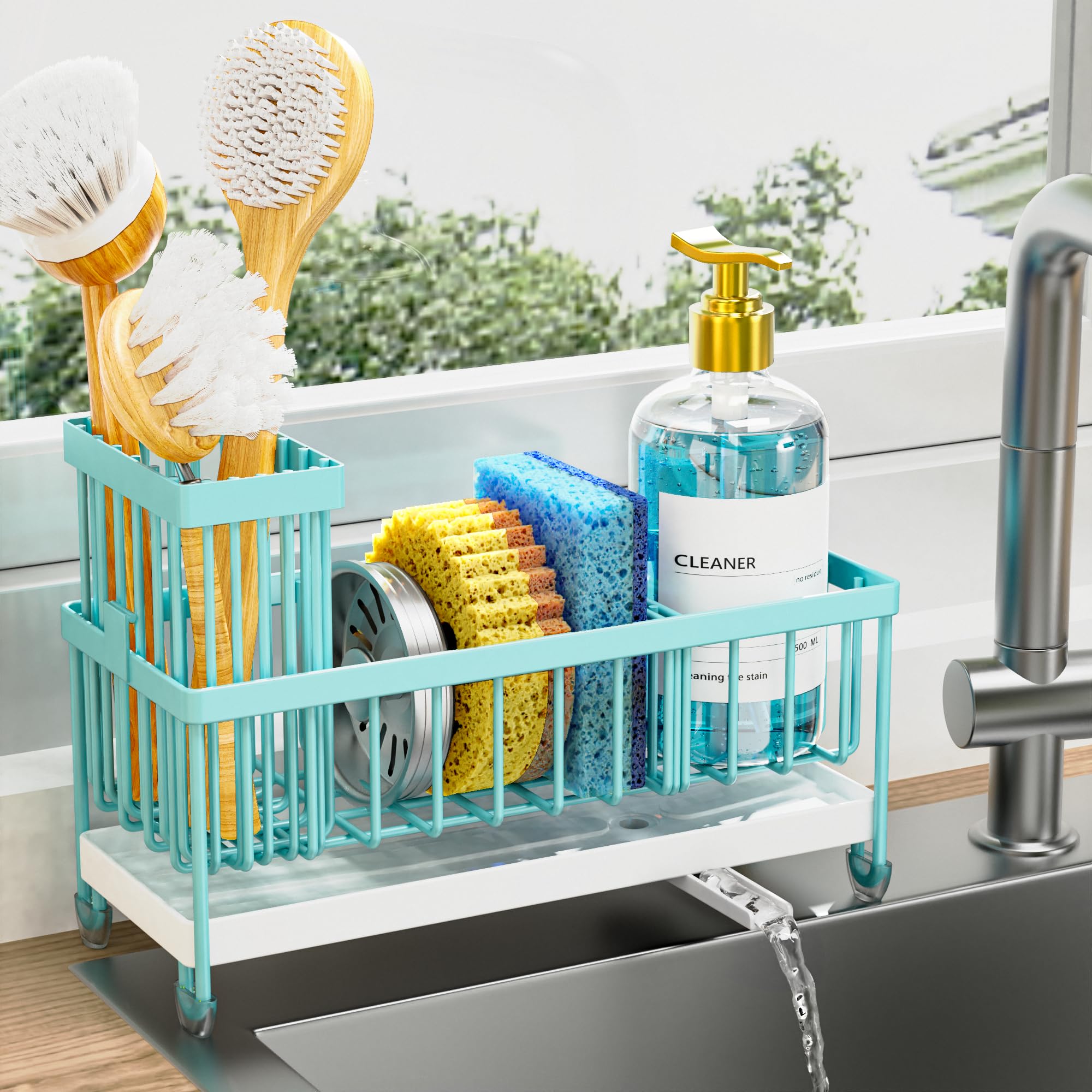 Cisily Sponge Holder for Kitchen Sink, Sink Caddy with High Brush Holder, Organzier Rustproof 304 Stainless Steel Dish Organizer Divider, Soap Dispenser Storage (Black)