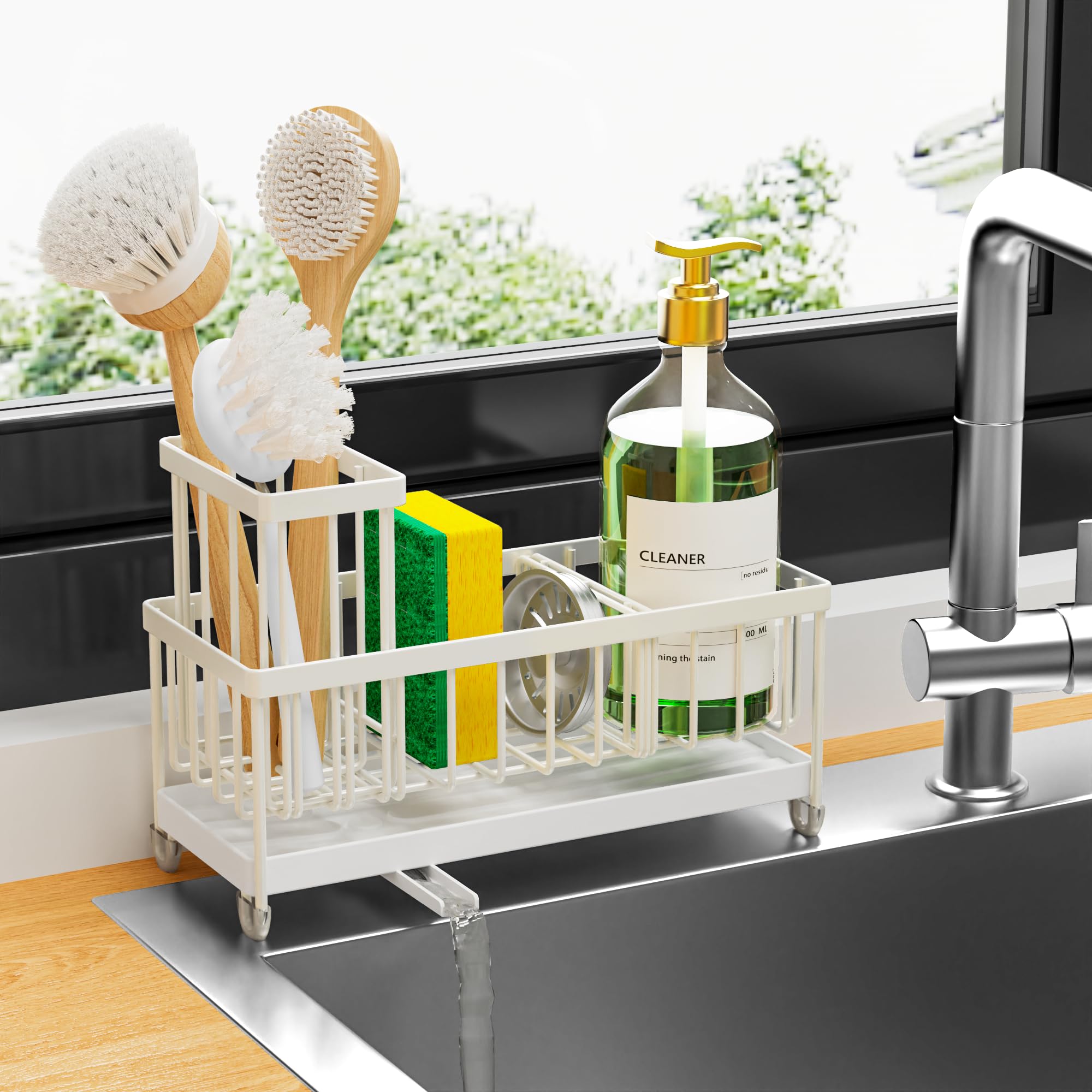 Cisily Sponge Holder for Kitchen Sink, Sink Caddy with High Brush Holder, Organzier Rustproof 304 Stainless Steel Dish Organizer Divider, Soap Dispenser Storage (Black)