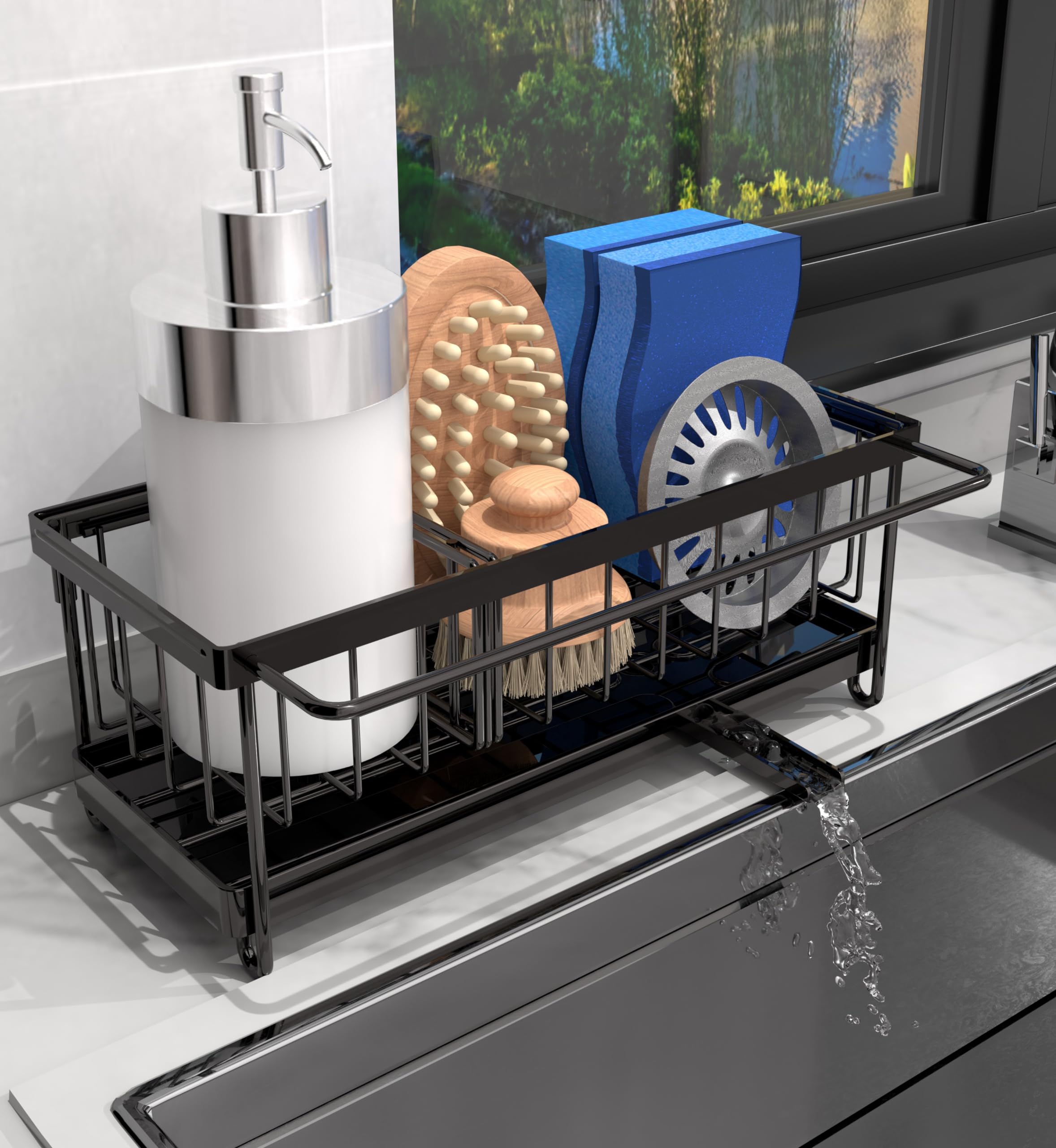 Cartilage Kitchen Sink Organizer, Sink Caddy Sponge Holder,Sink Sponge Holder for Kitchen Dish Rack,Rustproof 304 Stainless Steel with Auto Draining Tray and Organizer Divider,2 pcs Scrub Sponge