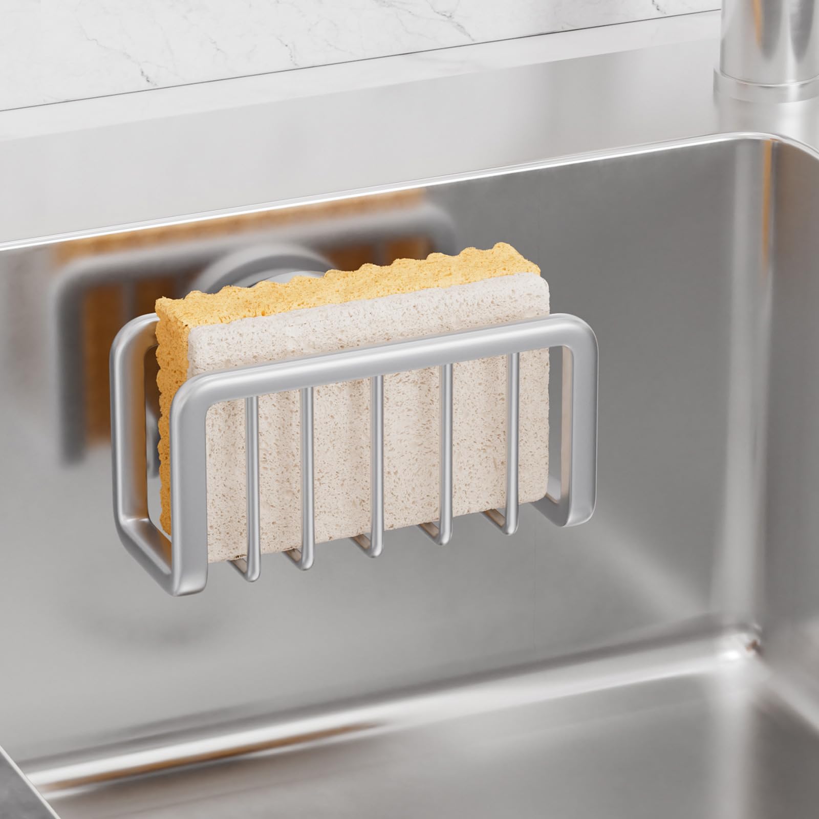 TAILI Dish Sponge Holder for Kitchen Sink with Strong Sucion Cup, Removable, Rustproof Aluminum Sink Caddy for Sponge, Brush and Scraper -Black