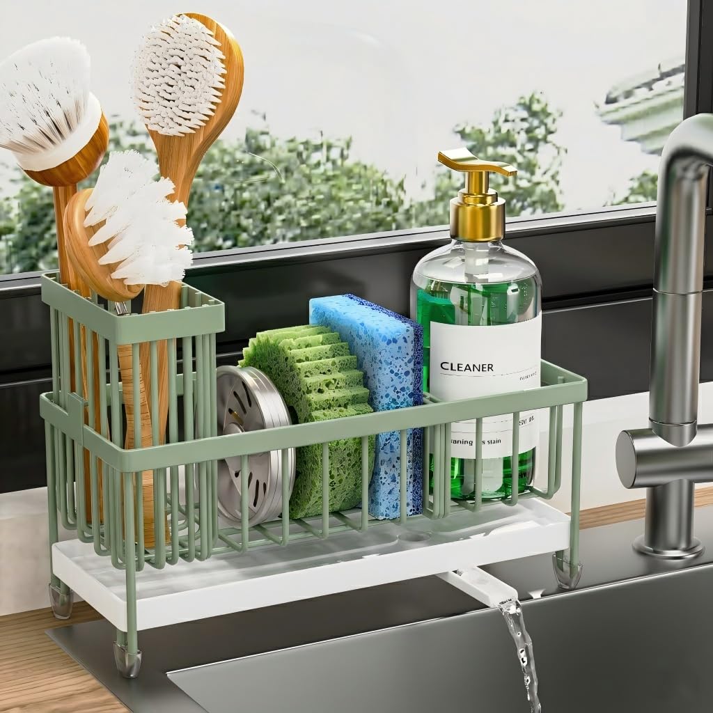 Cisily Sponge Holder for Kitchen Sink, Sink Caddy with High Brush Holder, Organzier Rustproof 304 Stainless Steel Dish Organizer Divider, Soap Dispenser Storage (Black)