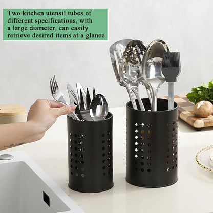 Berglander 2-Piece Black Stainless Steel Kitchen Utensil Holder Set, Farmhouse Style Countertop Organizer