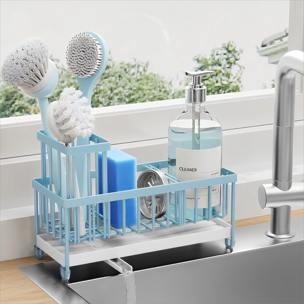 Cisily Sponge Holder for Kitchen Sink, Sink Caddy with High Brush Holder, Organzier Rustproof 304 Stainless Steel Dish Organizer Divider, Soap Dispenser Storage (Black)