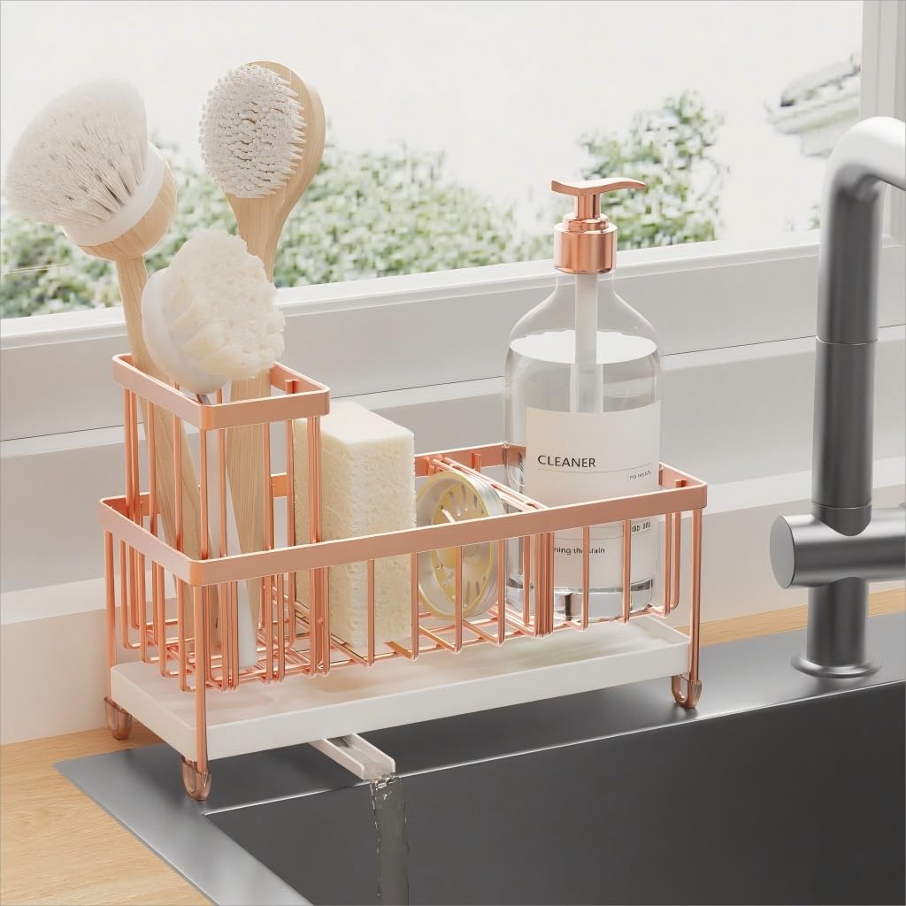 Cisily Sponge Holder for Kitchen Sink, Sink Caddy with High Brush Holder, Organzier Rustproof 304 Stainless Steel Dish Organizer Divider, Soap Dispenser Storage (Black)