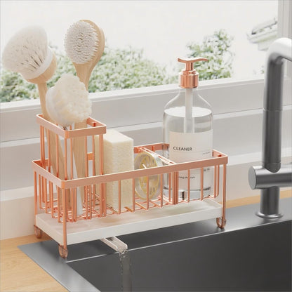 Cisily Sponge Holder for Kitchen Sink, Sink Caddy with High Brush Holder, Organzier Rustproof 304 Stainless Steel Dish Organizer Divider, Soap Dispenser Storage (Black)