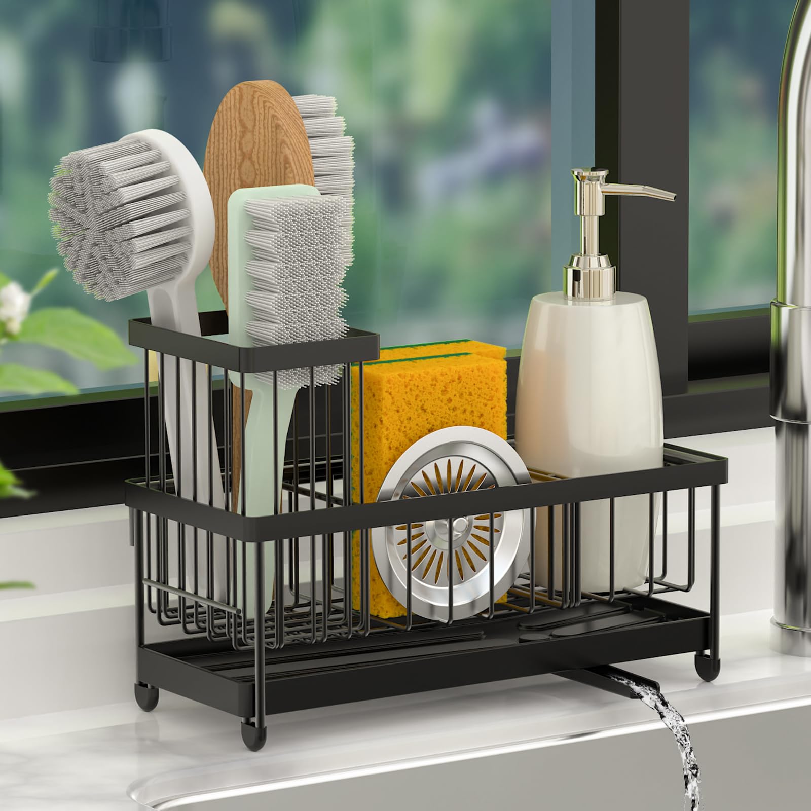 Cartilage Kitchen Sink Organizer, Sink Caddy Sponge Holder,Sink Sponge Holder for Kitchen Dish Rack,Rustproof 304 Stainless Steel with Auto Draining Tray and Organizer Divider,2 pcs Scrub Sponge