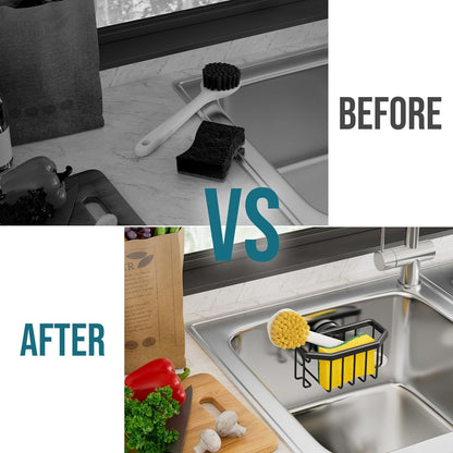TAILI Dish Sponge Holder for Kitchen Sink with Strong Sucion Cup, Removable, Rustproof Aluminum Sink Caddy for Sponge, Brush and Scraper -Black