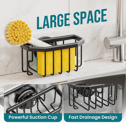 TAILI Dish Sponge Holder for Kitchen Sink with Strong Sucion Cup, Removable, Rustproof Aluminum Sink Caddy for Sponge, Brush and Scraper -Black