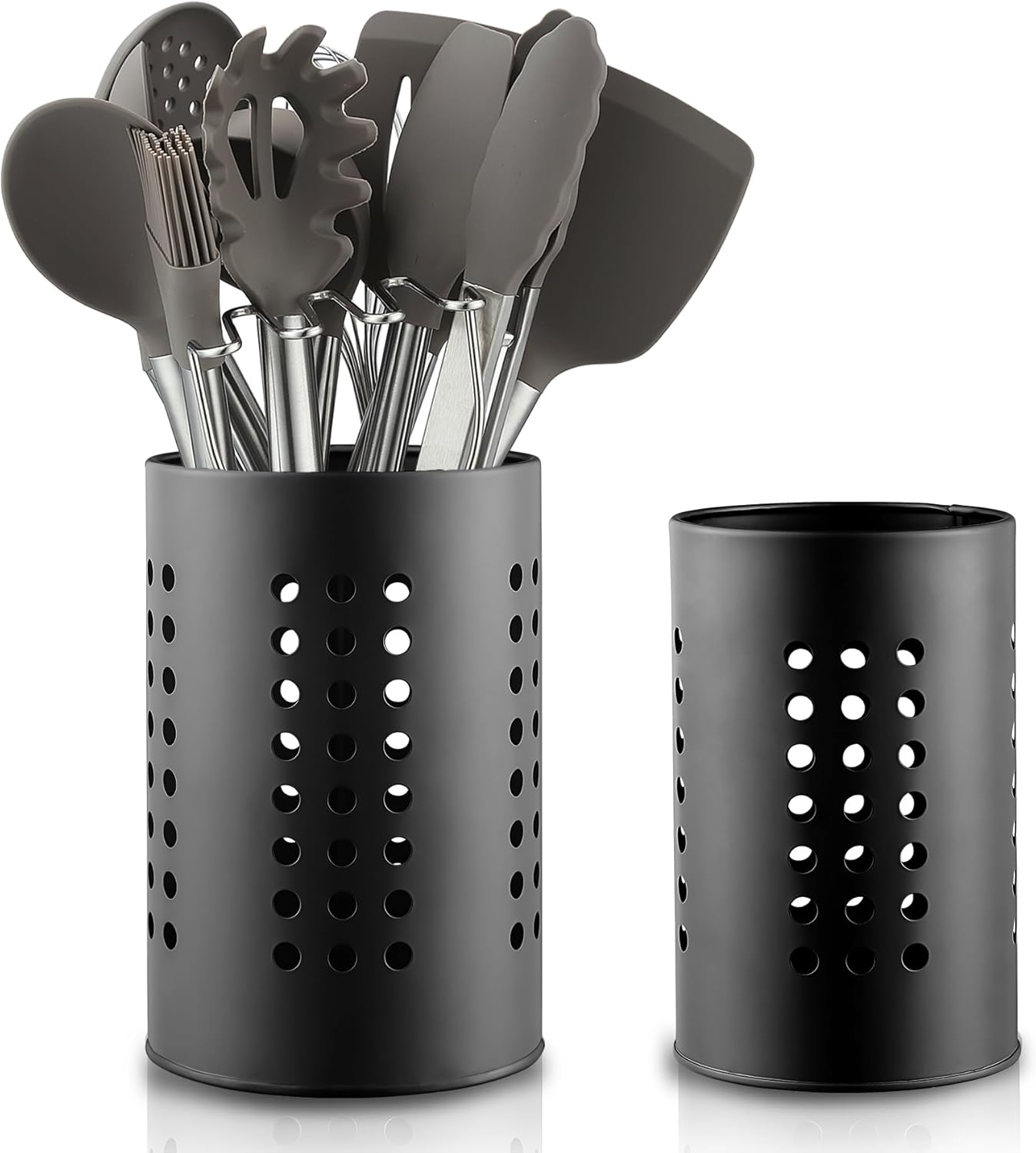 Berglander 2-Piece Black Stainless Steel Kitchen Utensil Holder Set, Farmhouse Style Countertop Organizer