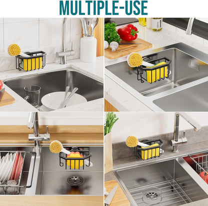 TAILI Dish Sponge Holder for Kitchen Sink with Strong Sucion Cup, Removable, Rustproof Aluminum Sink Caddy for Sponge, Brush and Scraper -Black