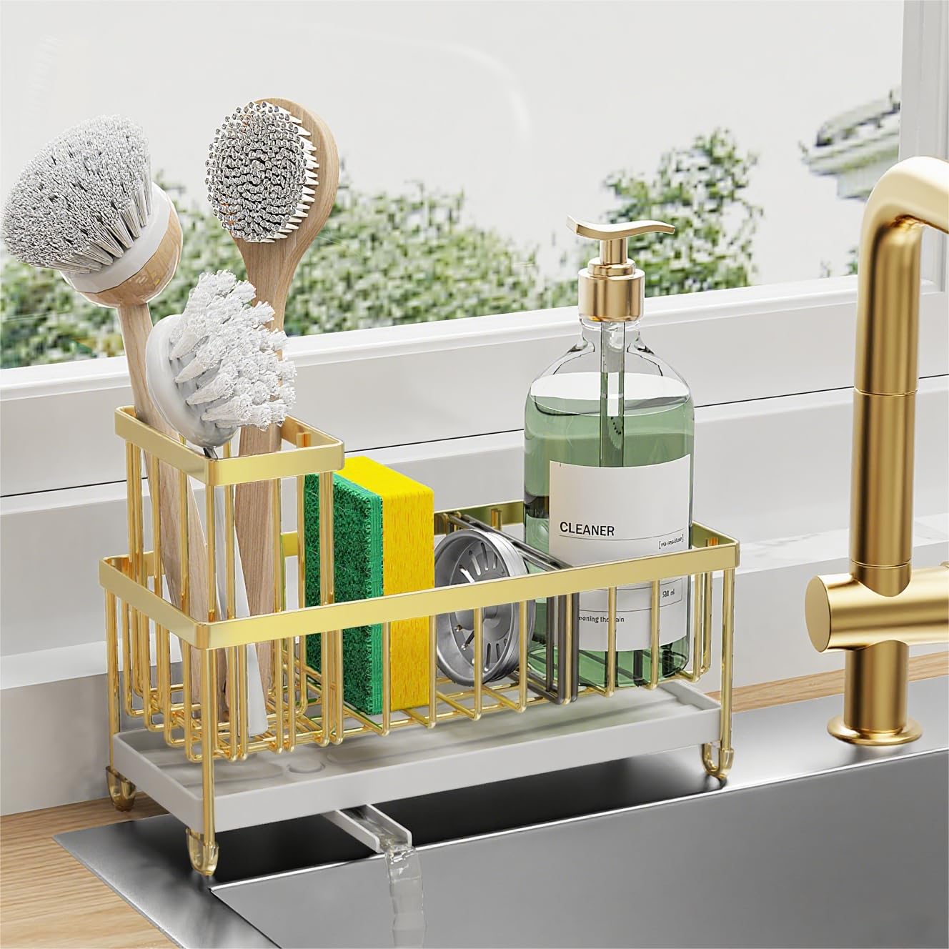 Cisily Sponge Holder for Kitchen Sink, Sink Caddy with High Brush Holder, Organzier Rustproof 304 Stainless Steel Dish Organizer Divider, Soap Dispenser Storage (Black)