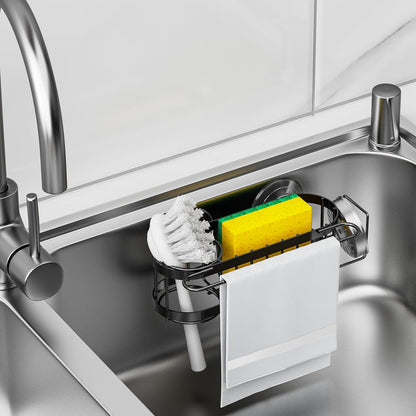Cisily Kitchen Sink Caddy Sponge Holder in The Sink, Stainless Steel Kitchen Sink Organizer, Brush Holder, Dish Cloth Hanger, Sink Stopper Holder with 2 Installation Ways (Black)