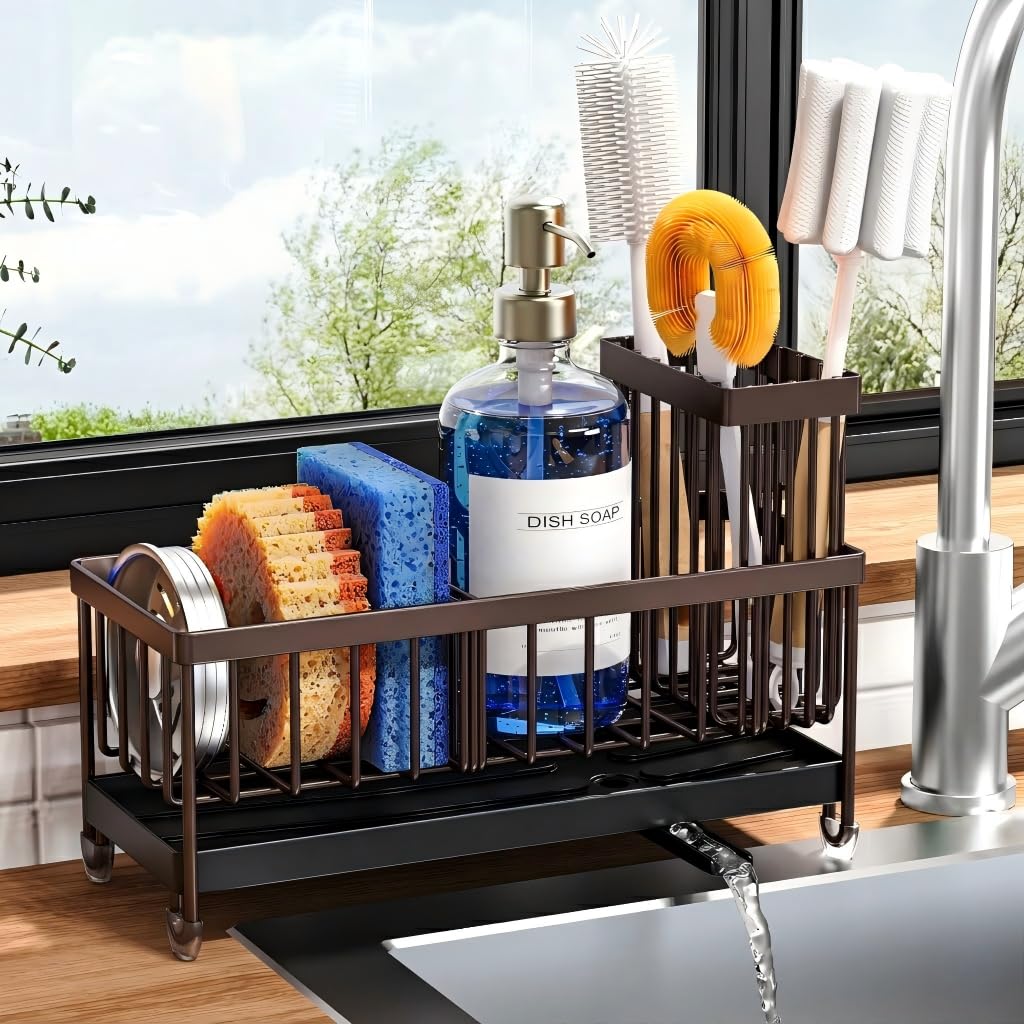 Cisily Sponge Holder for Kitchen Sink, Sink Caddy with High Brush Holder, Organzier Rustproof 304 Stainless Steel Dish Organizer Divider, Soap Dispenser Storage (Black)
