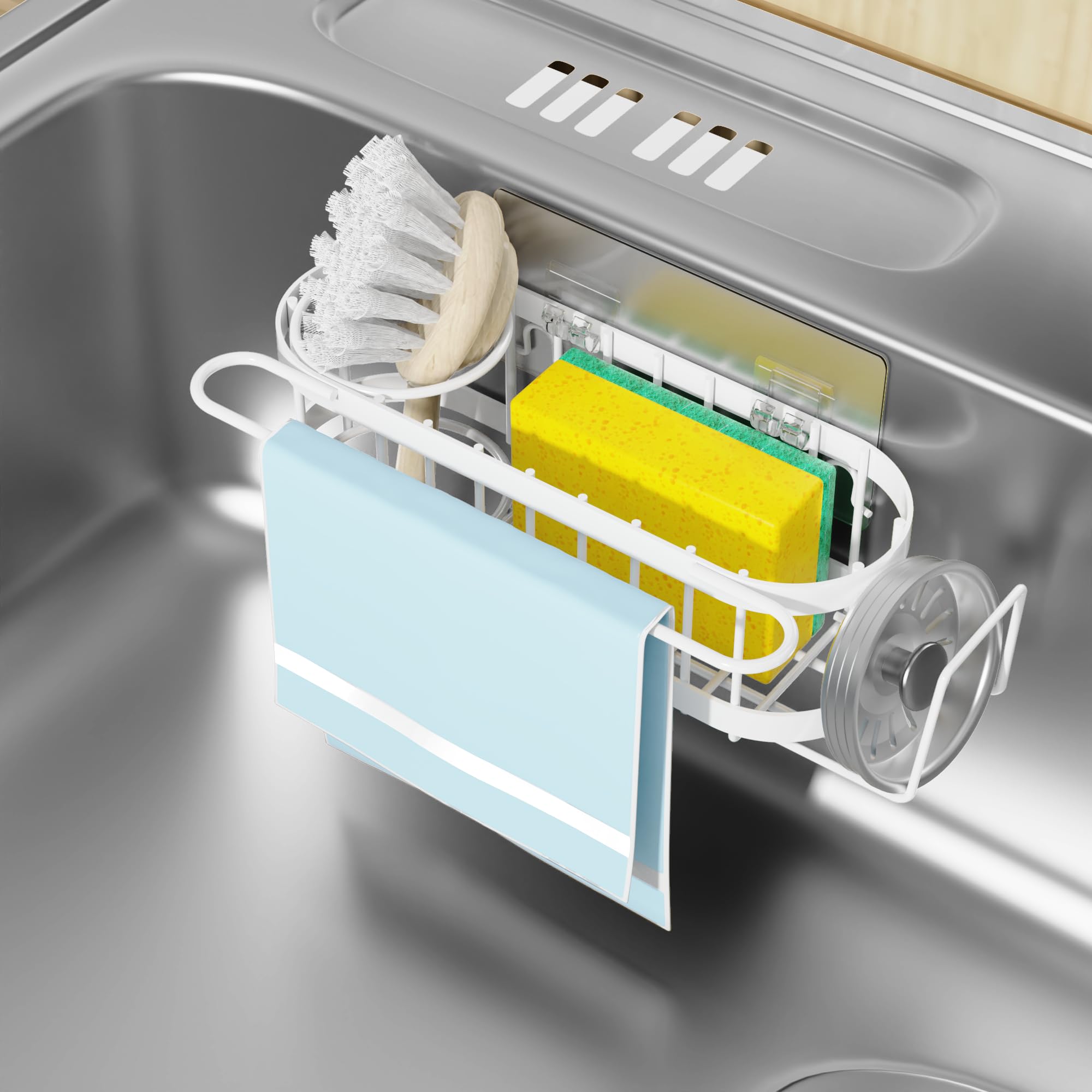 Cisily Kitchen Sink Caddy Sponge Holder in The Sink, Stainless Steel Kitchen Sink Organizer, Brush Holder, Dish Cloth Hanger, Sink Stopper Holder with 2 Installation Ways (Black)