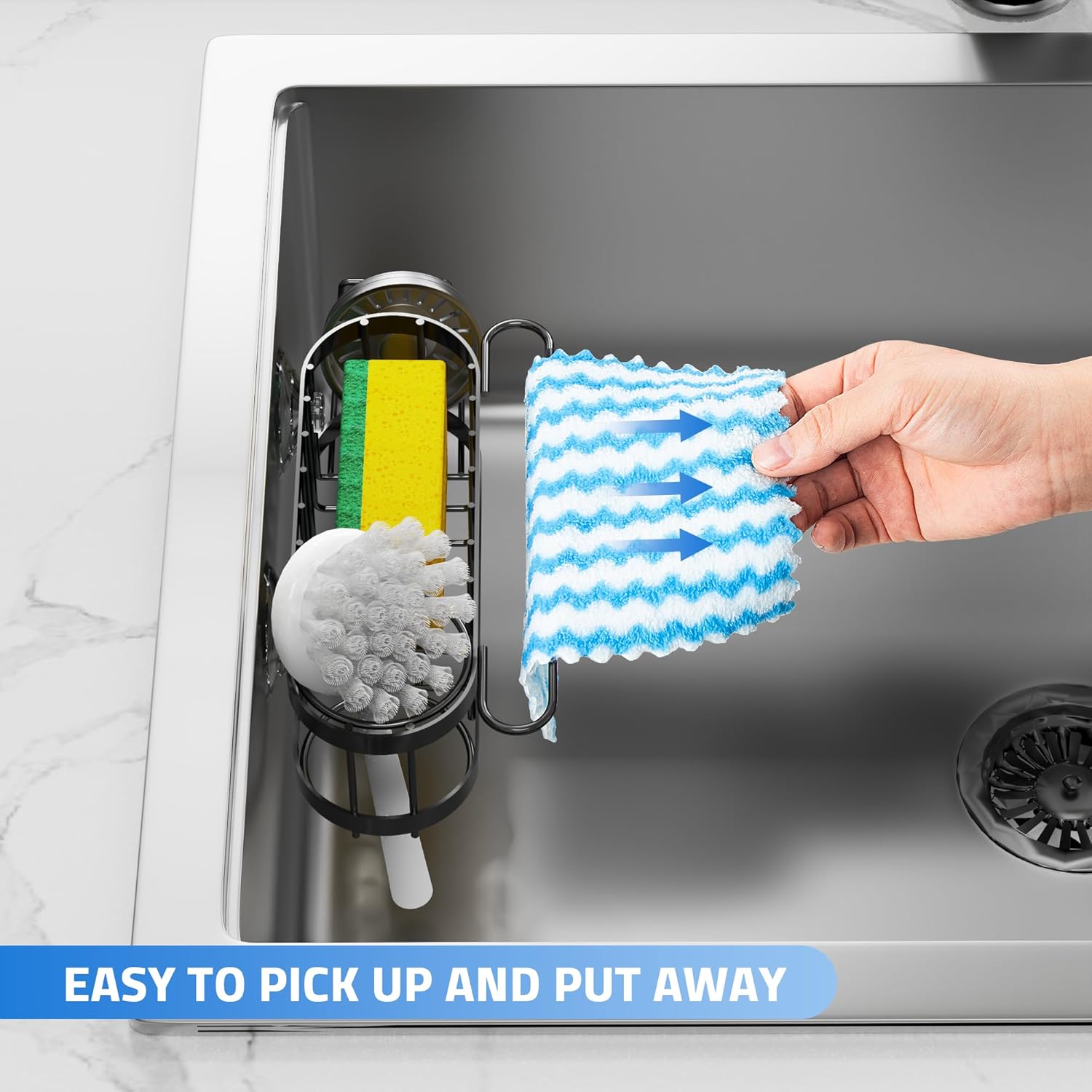 Cisily Kitchen Sink Caddy Sponge Holder in The Sink, Stainless Steel Kitchen Sink Organizer, Brush Holder, Dish Cloth Hanger, Sink Stopper Holder with 2 Installation Ways (Black)