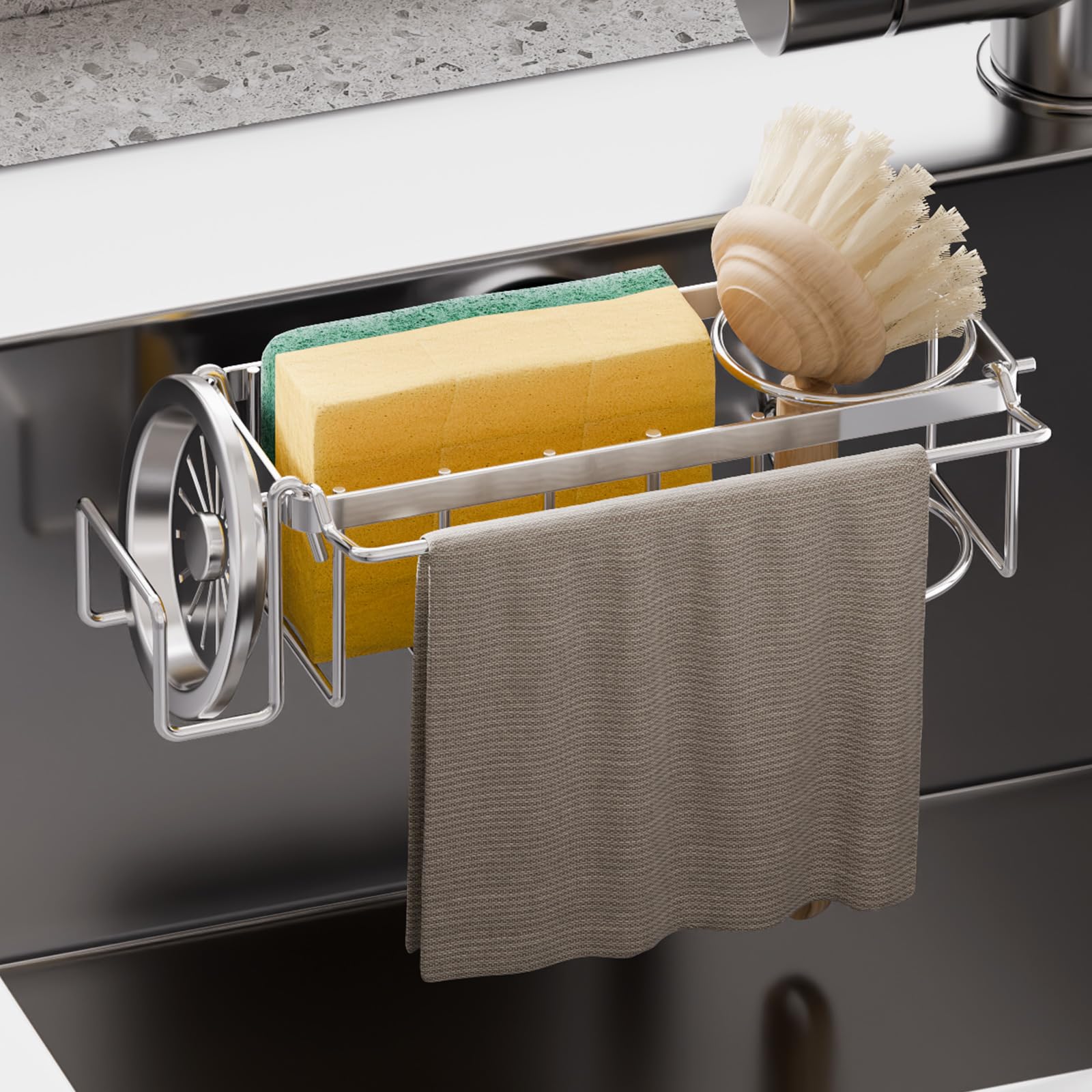 TAILI Dish Sponge Holder for Kitchen Sink with Strong Sucion Cup, Removable, Rustproof Aluminum Sink Caddy for Sponge, Brush and Scraper -Black