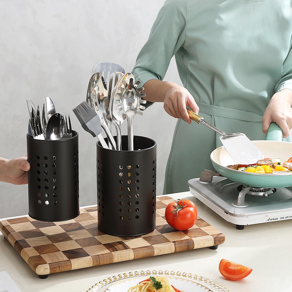 Berglander 2-Piece Black Stainless Steel Kitchen Utensil Holder Set, Farmhouse Style Countertop Organizer