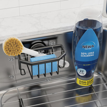 TAILI Dish Sponge Holder for Kitchen Sink with Strong Sucion Cup, Removable, Rustproof Aluminum Sink Caddy for Sponge, Brush and Scraper -Black