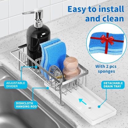 Cartilage Kitchen Sink Organizer, Sink Caddy Sponge Holder,Sink Sponge Holder for Kitchen Dish Rack,Rustproof 304 Stainless Steel with Auto Draining Tray and Organizer Divider,2 pcs Scrub Sponge