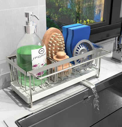 Cartilage Kitchen Sink Organizer, Sink Caddy Sponge Holder,Sink Sponge Holder for Kitchen Dish Rack,Rustproof 304 Stainless Steel with Auto Draining Tray and Organizer Divider,2 pcs Scrub Sponge