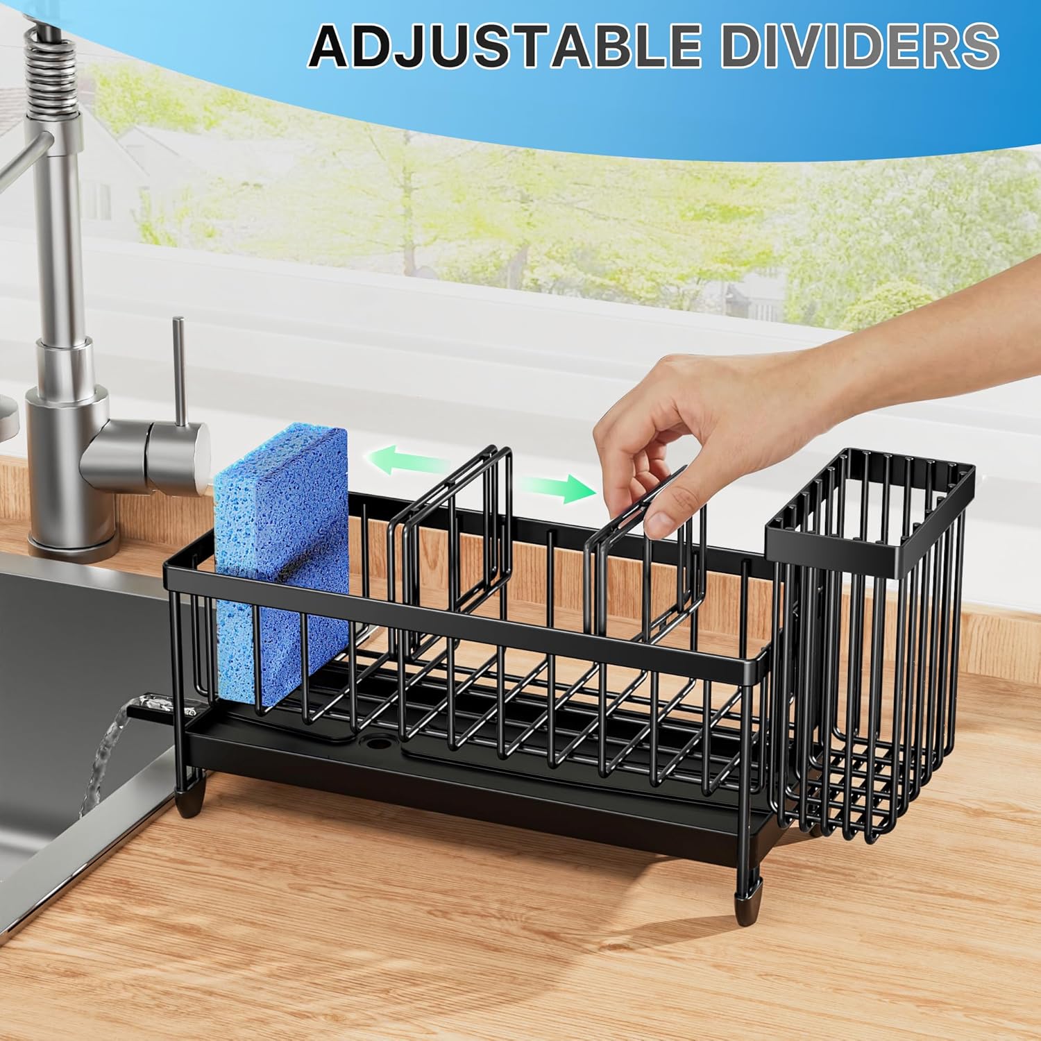 Cisily Sponge Holder for Kitchen Sink, Sink Caddy with High Brush Holder, Organzier Rustproof 304 Stainless Steel Dish Organizer Divider, Soap Dispenser Storage (Black)