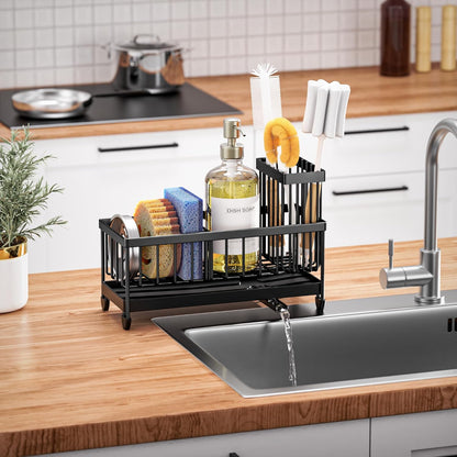 Cisily Sponge Holder for Kitchen Sink, Sink Caddy with High Brush Holder, Organzier Rustproof 304 Stainless Steel Dish Organizer Divider, Soap Dispenser Storage (Black)