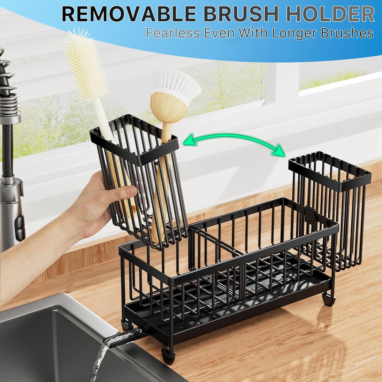 Cisily Sponge Holder for Kitchen Sink, Sink Caddy with High Brush Holder, Organzier Rustproof 304 Stainless Steel Dish Organizer Divider, Soap Dispenser Storage (Black)