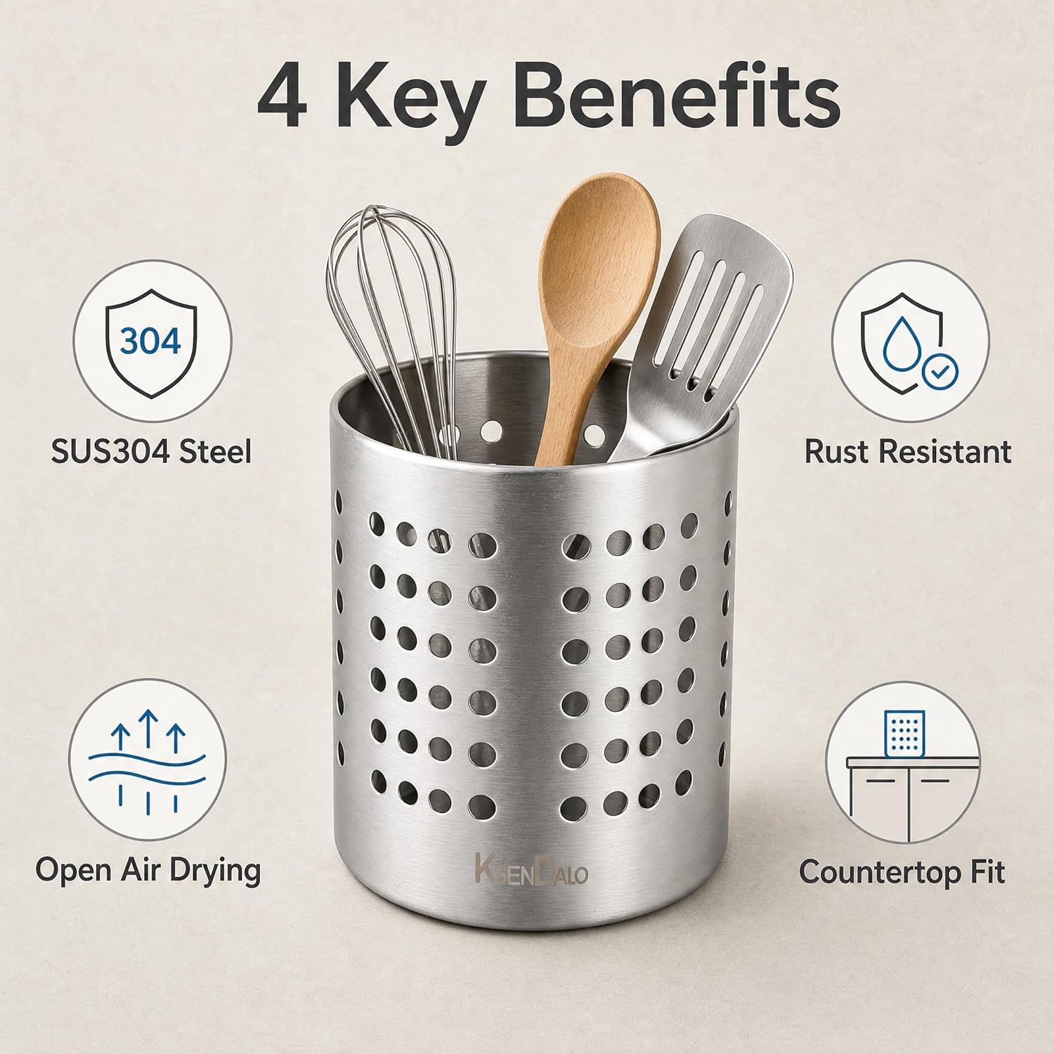 Kitchen Utensil Holder, KSENDALO Stainless Silverware Holder, Kitchen Utensil Drying Cylinder,Utility for Kitchen/Home/Office, Diameter 4.72"(L)