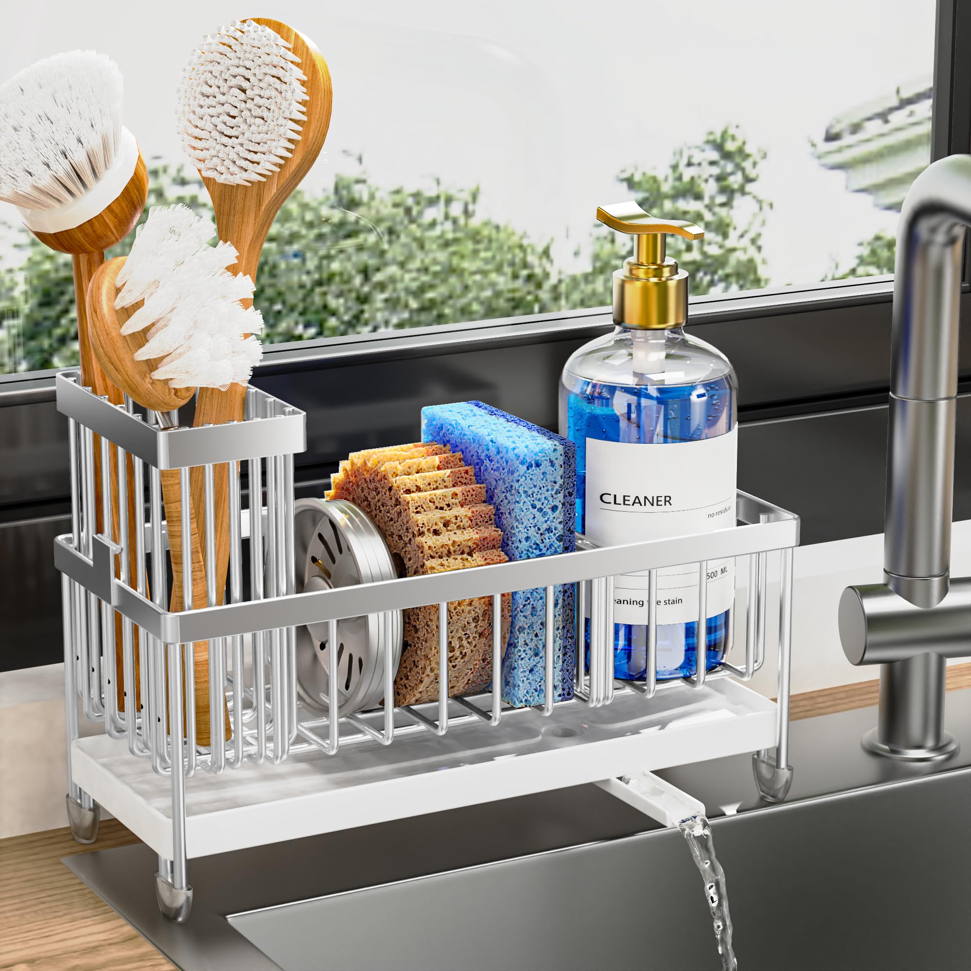 Cisily Sponge Holder for Kitchen Sink, Sink Caddy with High Brush Holder, Organzier Rustproof 304 Stainless Steel Dish Organizer Divider, Soap Dispenser Storage (Black)