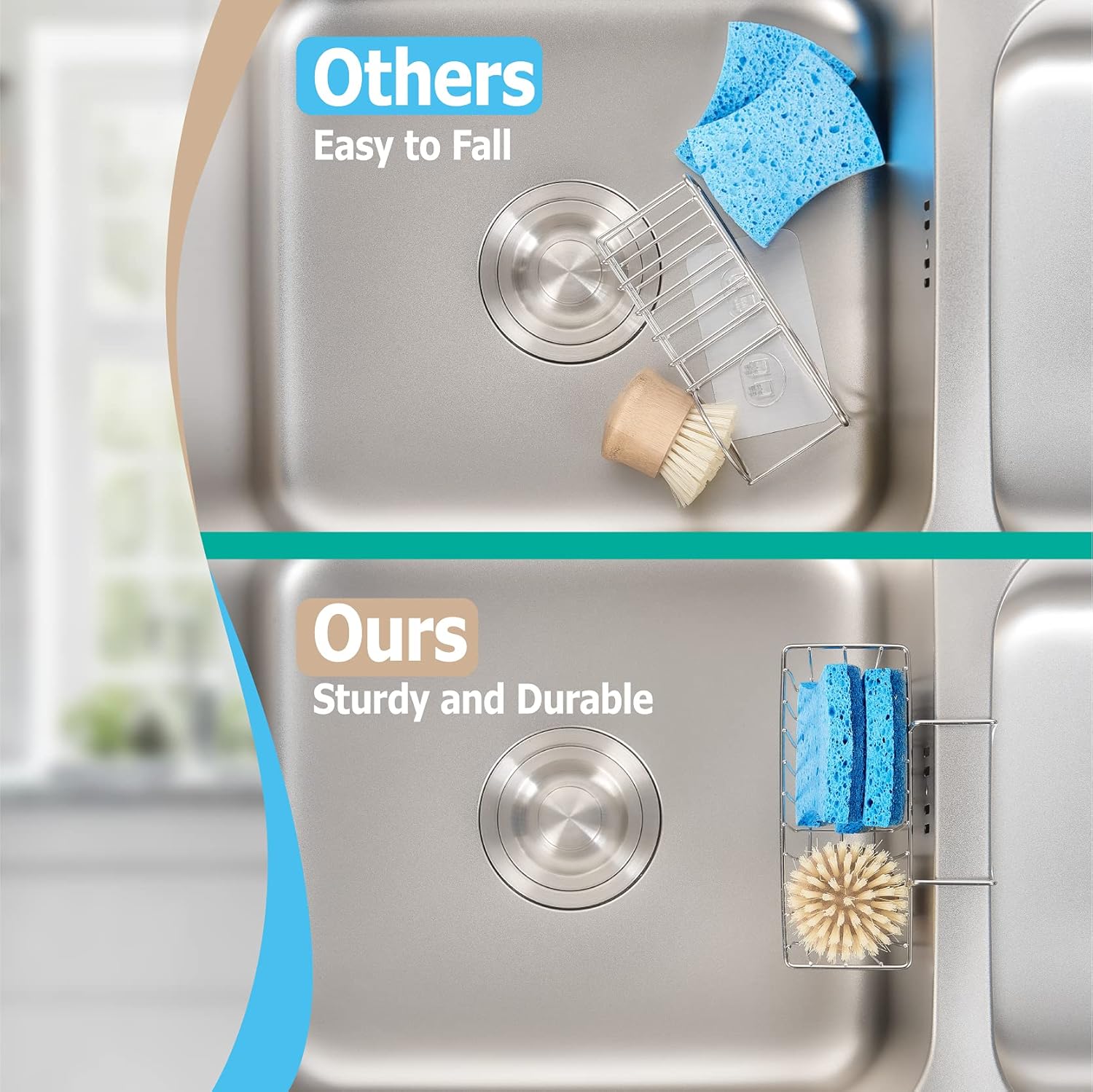 Damita Kitchen Sponge Holder Sink Basket Sink Caddy Brush Dishwashing Liquid Drainer Rack Silver Medium (6.7" x 4.5" x 4.5")