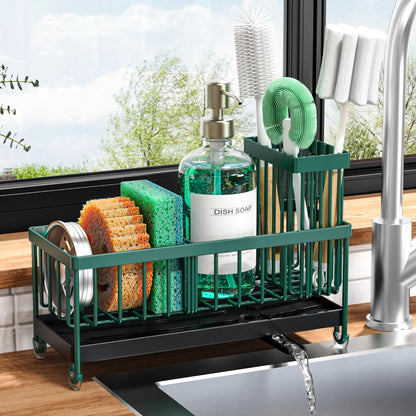 Cisily Sponge Holder for Kitchen Sink, Sink Caddy with High Brush Holder, Organzier Rustproof 304 Stainless Steel Dish Organizer Divider, Soap Dispenser Storage (Black)