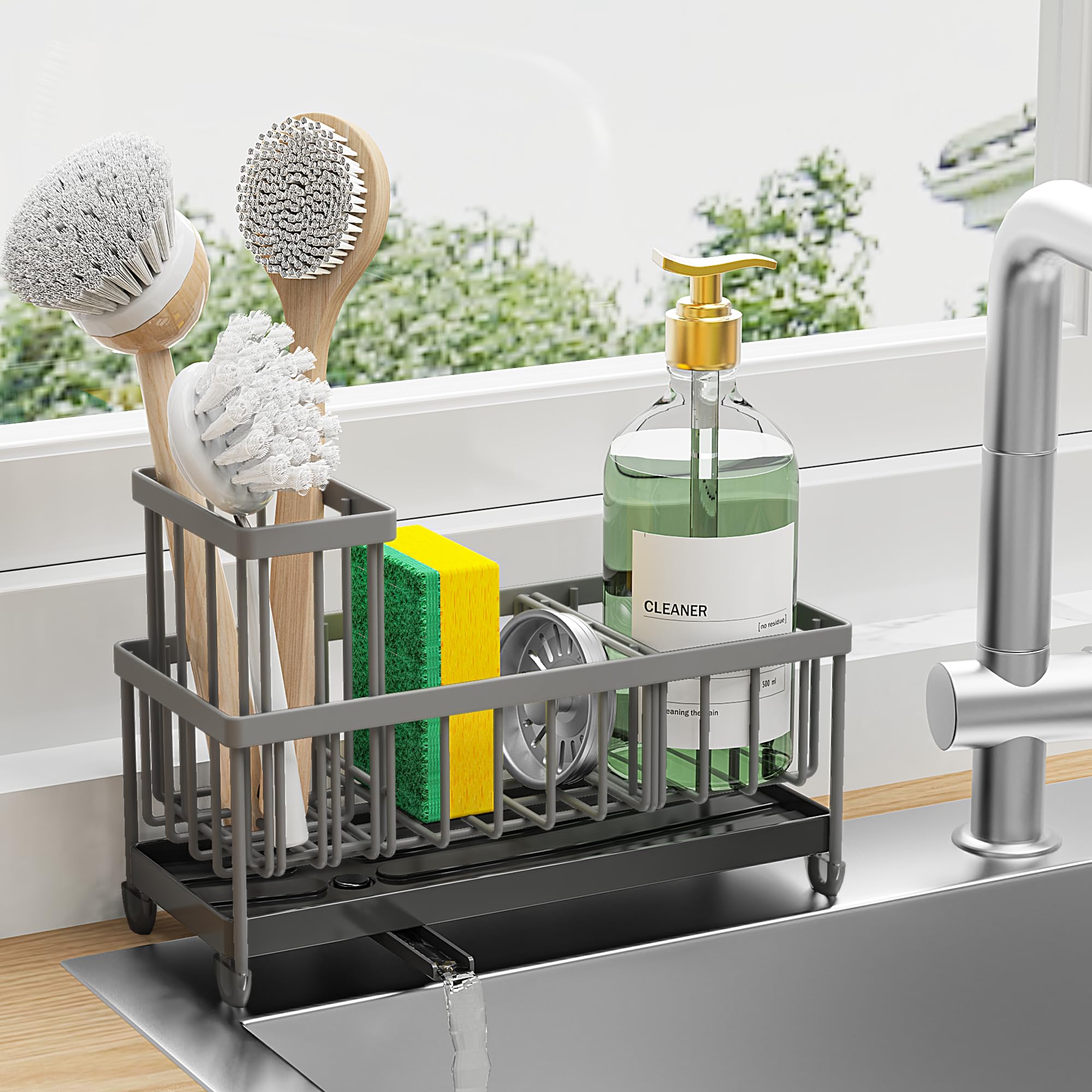 Cisily Sponge Holder for Kitchen Sink, Sink Caddy with High Brush Holder, Organzier Rustproof 304 Stainless Steel Dish Organizer Divider, Soap Dispenser Storage (Black)