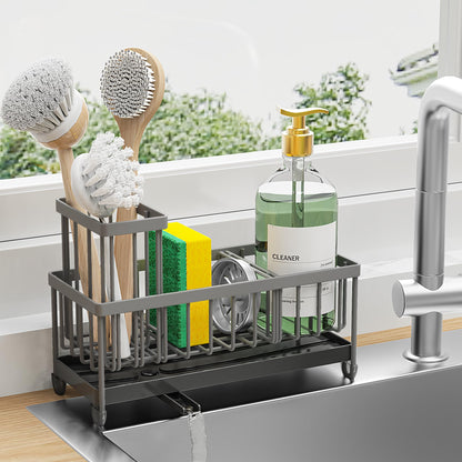 Cisily Sponge Holder for Kitchen Sink, Sink Caddy with High Brush Holder, Organzier Rustproof 304 Stainless Steel Dish Organizer Divider, Soap Dispenser Storage (Black)