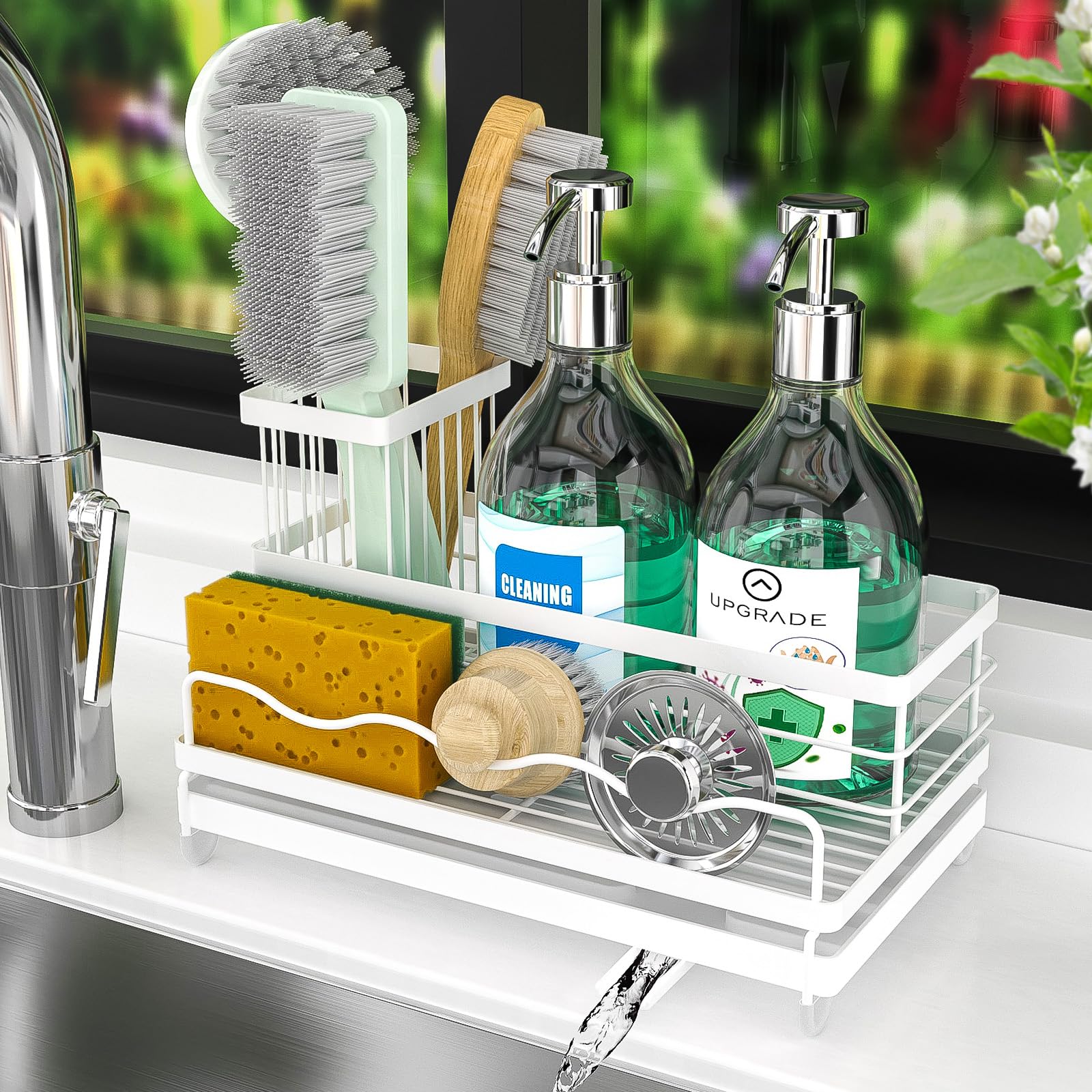 Cartilage Kitchen Sink Organizer, Sink Caddy Sponge Holder,Sink Sponge Holder for Kitchen Dish Rack,Rustproof 304 Stainless Steel with Auto Draining Tray and Organizer Divider,2 pcs Scrub Sponge