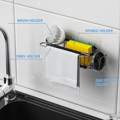 Cisily Kitchen Sink Caddy Sponge Holder in The Sink, Stainless Steel Kitchen Sink Organizer, Brush Holder, Dish Cloth Hanger, Sink Stopper Holder with 2 Installation Ways (Black)